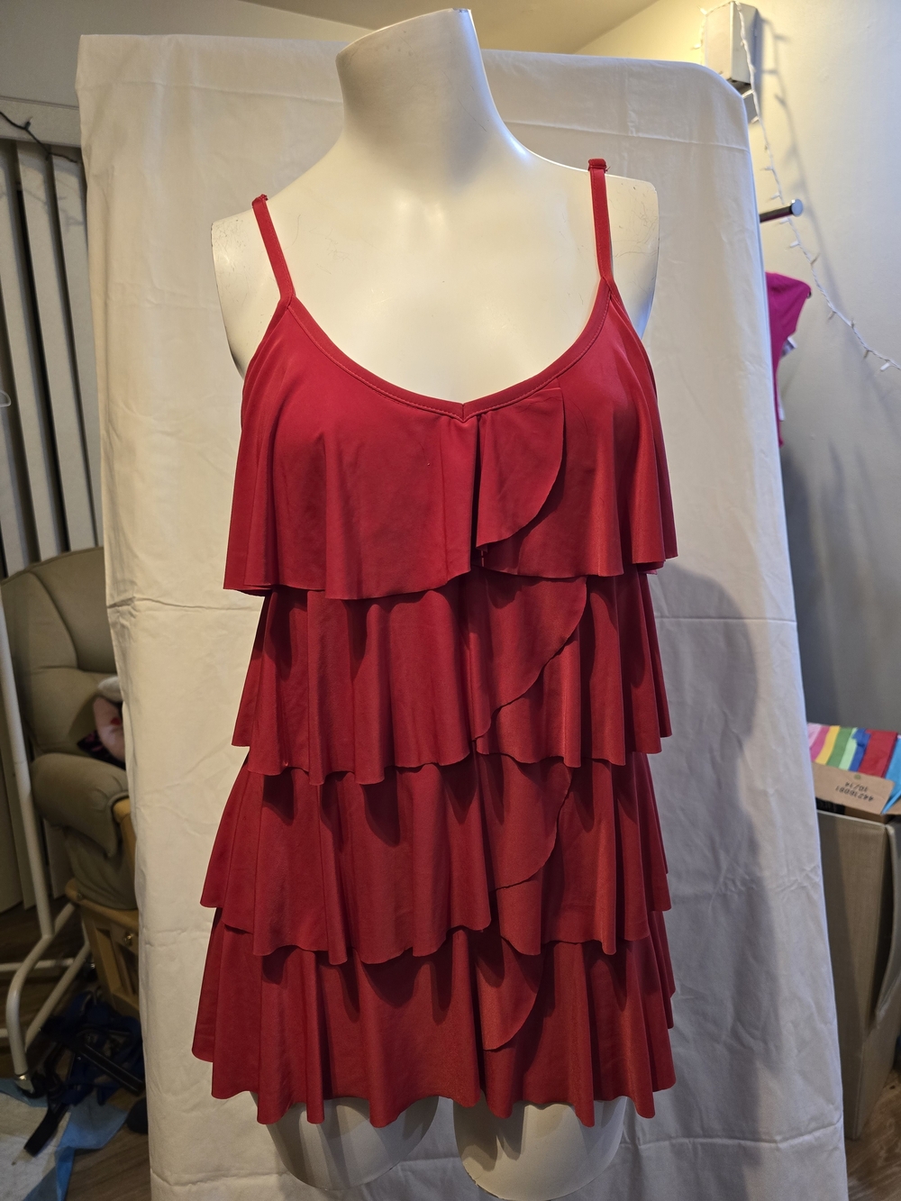 Red Tiered Ruffle Spaghetti Strap Top